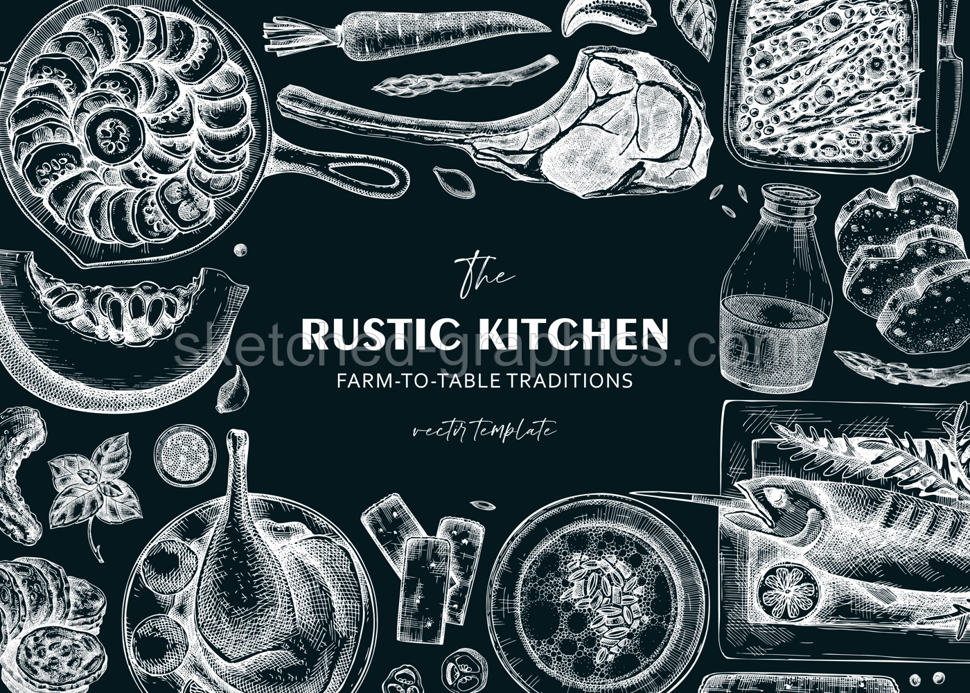Farmhouse food background. Hand drawn vector illustrations. Rustic kitchen chalk drawings. Family dinner frame design. NOT AI generated. Illustration
